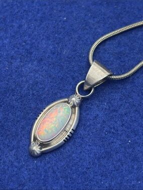 Sterling Silver Opal Pendant Necklace - Iridescent White Opal